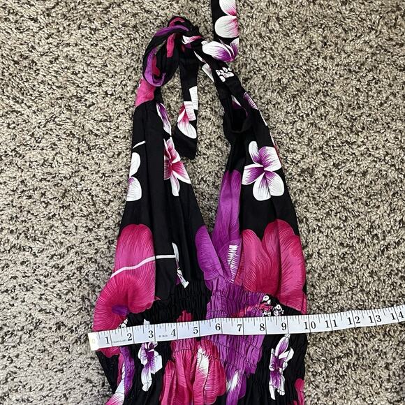 Vtg Black Pink Hibiscus Flower Halter Dress Hawaiian Y2K Babydoll Fairy Sz M - Picture 9 of 10